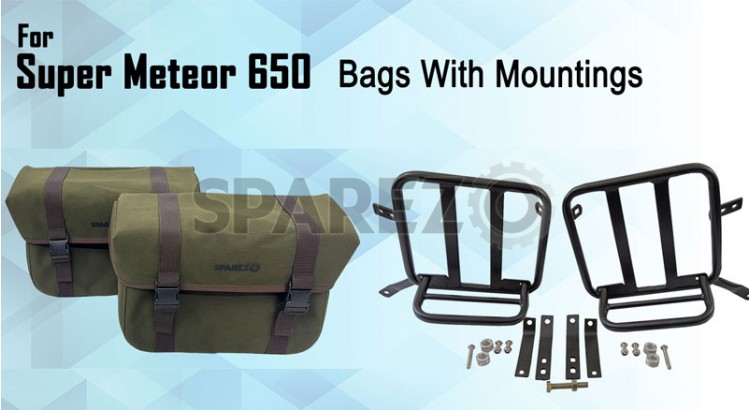 For Royal Enfield Super Meteor 650 Olive Canvas Pannier bags with Mounting - SPAREZO